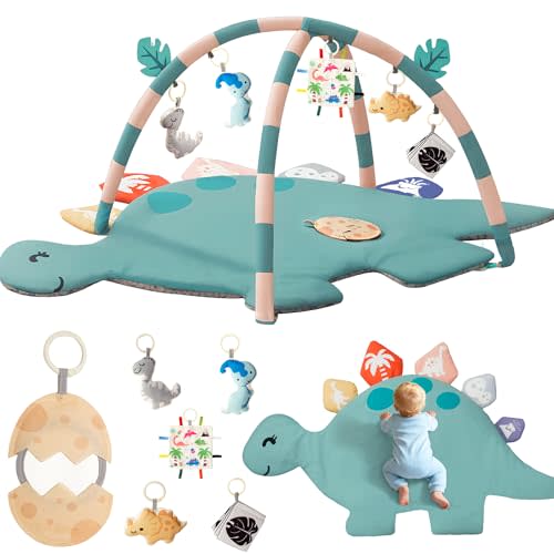 Baby Tummy Time Mat, Oversize Dinosaur Shaped Baby Play Gym Mat with 6 Toys, Play Mat for Babies 0-6-12 Months Promotes Motor Skills & Sensory Development, Newborn Essentials Infant Shower Gift