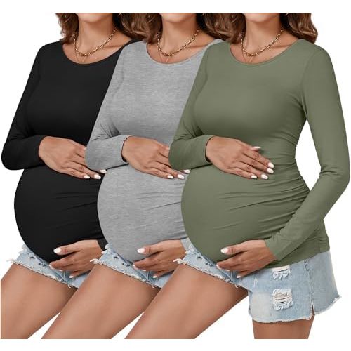 Ficerd 3 Pack Women's Maternity Shirts, Side Ruched Pregnancy Tee Tops Long Sleeve Basic Tunic Tshirt Casual Mama Clothes