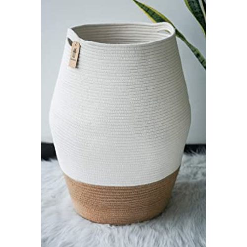 Goodpick Large Laundry Hamper | Tall Wicker Hamper Laundry Basket, Soft Cotton Rope Woven Hamper, Farmhouse Design Graceful Curve Basket 25.6 Inches Height