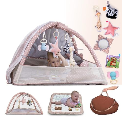 6-in-1 Baby Play Gym Activity Center with Mosquito Net | Foldable Baby Play Mat for Floor with Sunproof Canopy | Portable Tummy Time Mats for Babies 0-12 Months (Brown)