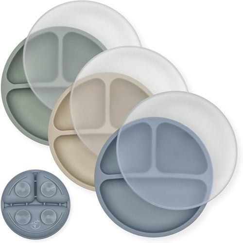 Hippypotamus Toddler Plates with Suction - 100% Food-Grade Silicone Baby Plates with Lids - Microwave & Dishwasher Safe - BPA Free - Set of 3 (Fog/Nude/Sage with LIDS)