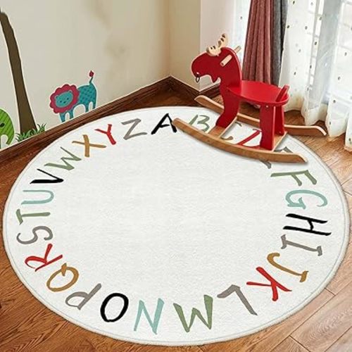 ABC Rug for Nursery, Round Toddler Baby Room Area Rug, Circle Alphabet Kid's Play Mat for Classroom Playroom Bedroom - 47inch, Multi Color