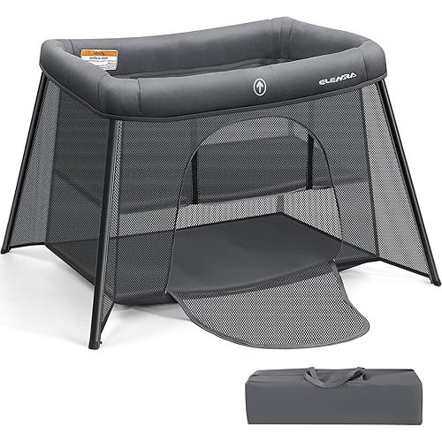 ELEMARA Big Travel Crib for Baby,Portable Crib with Comfortable Mattress,Lightweight Foldable Playpen with Long-Lasting Frame, Indoor & Outdoor Use Playard, Pack and Play for Toddlers(Light Grey)
