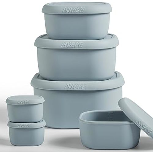 ISSEVE 6Pcs/Set Nesting Silicone Food Storage Containers with Lids, BPA Free Reusable Meal Prep Silicone Containers Lunch Box Bento Box Set (33.8oz, 20oz, 10oz, 6.7oz, 1.3oz) (Grey)