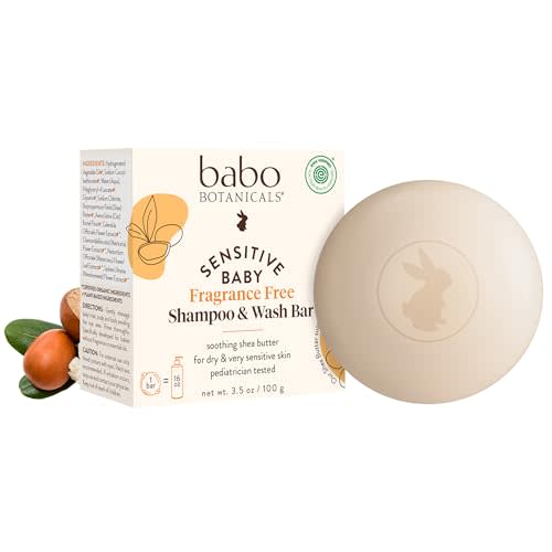 Babo Botanicals Sensitive Baby Fragrance-Free 2-in-1 Shampoo & Wash Bar - Shea Butter, Calendula & Aloe Vera - EWG Verified - Cruelty-Free - Vegan - Pediatrician Tested - For Babies & Kids