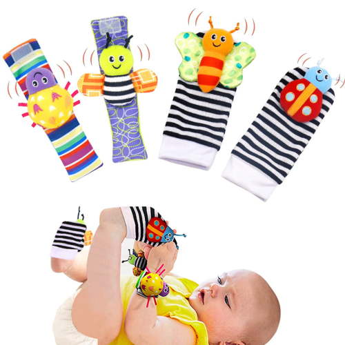 Newborn Adjustable Cotton Foot Finder Rattle Socks, (4 Pack)