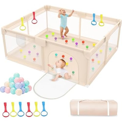 200x180cm Baby Playpen Extra Large, Beige Detachable Baby Play Pen with 50 Ball Pits & 6 Pull-up Rings, Oxford Fabric Safety Baby Fence with Mesh & Zipper Door for Kids, Includes Storage Bag