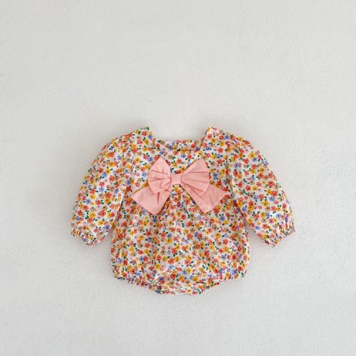Baby Bowknot Floral Square Neck Bodysuit - 3-6M (Red)