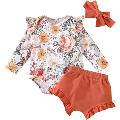 Infant Baby Girls 3 Pieces Outfits Floral Print Long Sleeve Romper Solid Color Shorts Bow Headband Set