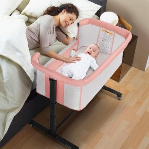 Kinder King Baby Bassinet 2 in 1 Bedside Sleeper Folding Portable w/Storage Basket All-Sided Mesh 6 Adjustable Height Comfy Mattress Pink