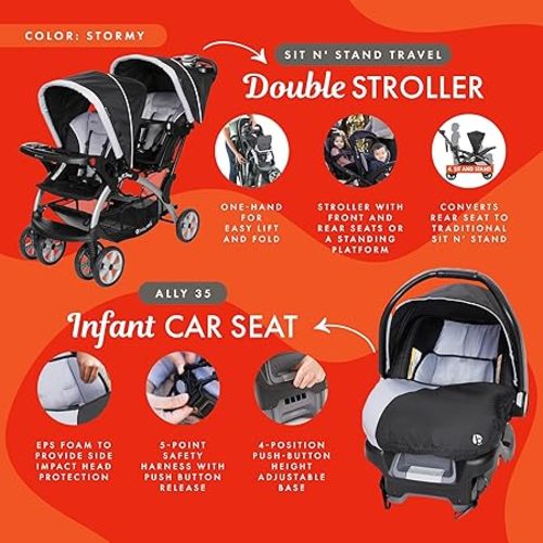 Baby Trend Infant and Toddler Double Stroller & Car Seat Combo, 2 Pc Set, Stormy
