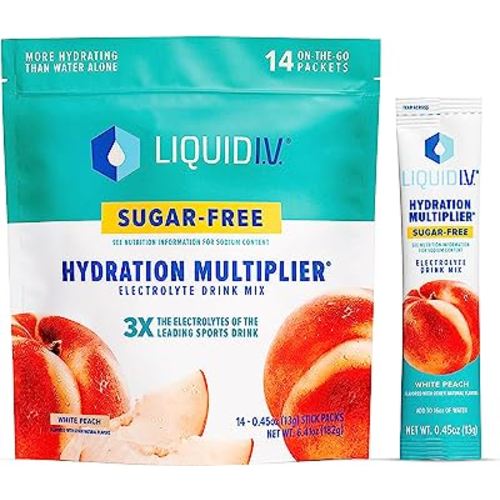Liquid I.V. Sugar-Free Hydration Multiplier - White Peach – Hydration Powder Packets | Electrolyte Powder Drink Mix | Easy Open Single-Serving Sticks | Non-GMO | 1 Pack (14 Servings)