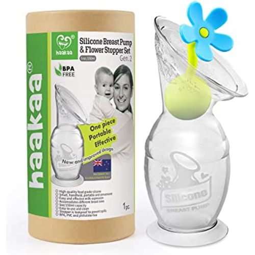 haakaa Manual Breast Pump Breastfeeding Pump Silicone Pump Milk Saver with Suction Base and Flower Stopper 100% Food Grade Silicone BPA Free (5oz/150ml) (Blue)