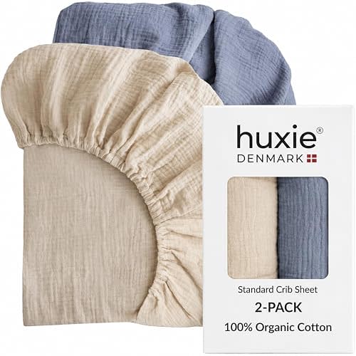 Huxie Crib Sheets – Organic Cotton Muslin Fitted Crib Sheet – Standard Size for Baby Boys 28" x 52" Ultra-Soft and Breathable. 2-Pack (Fog/Tradewinds)