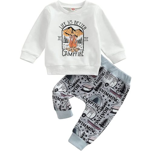 AEEMCEM Western Baby Boy Clothes Cow Print Sweatshirt Pullover Top Jogger Pants Set 2Pcs Toddler Boy Fall Winter Outfits - Camping