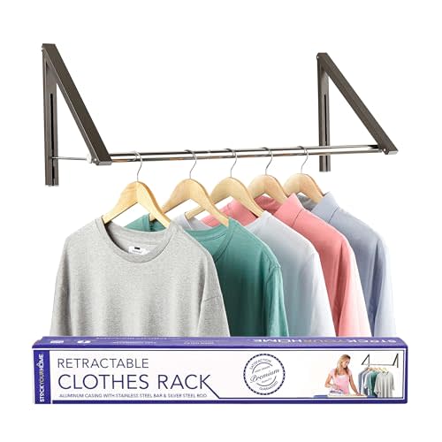 Double Foldable Clothing Rack w/ Extension Rod, Wall-Mounted Retractable Clothes Hanger for Laundry Dryer Room, Hanging Drying Rod, Small Collapsible Folding Garment Racks, Dorm Accessories (Gray)