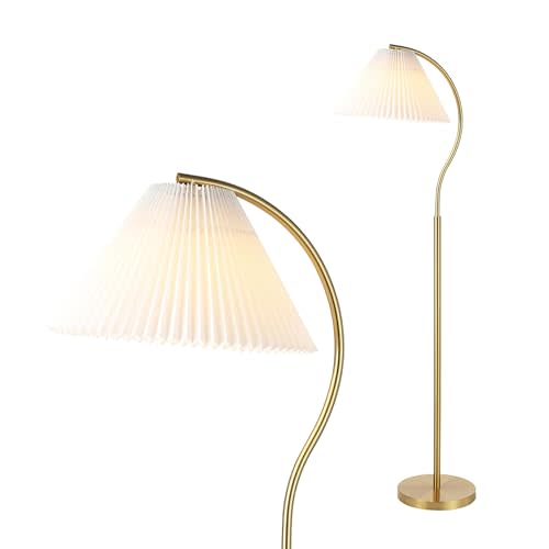JONATHAN Y JYL1148A Devon 60.5" Modern Glam Metal Arc LED Floor Lamp with Pleated Shade for Bedroom, Living Room, Office, Brass Gold/White