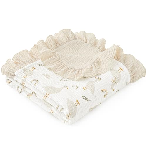 david's kids Flounce Muslin Baby Blanket for Girls Boys, 100% Cotton Soft Crib Swaddle Blankets, Reversible & Breathable Nursery Bedding for Newborns Toddlers, 47 x 47 Inches (Goose)