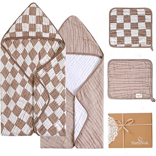 Ultra Soft Muslin Baby Towel Set 4-Piece - Muslin & Bamboo Viscose Blend, Ideal for Bath & Beach, Perfect for Baby Boys & Girls, (Coffee Checkered, 32x32 inches)