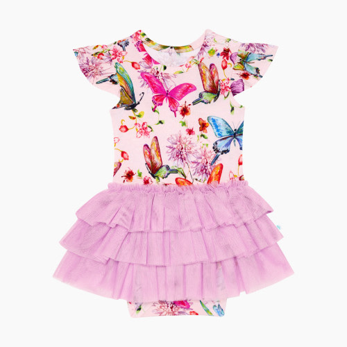Posh Peanut Ruffled Cap Sleeve Tulle Skirt Bodysuit - Watercolor Butterfly, 12-18 Mos.