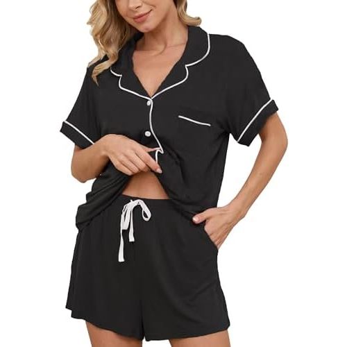 Womens Pajama Sets Short Sleeve Sleepwear Soft Button Down Nightwear Lounge Pj Set XS-XXL