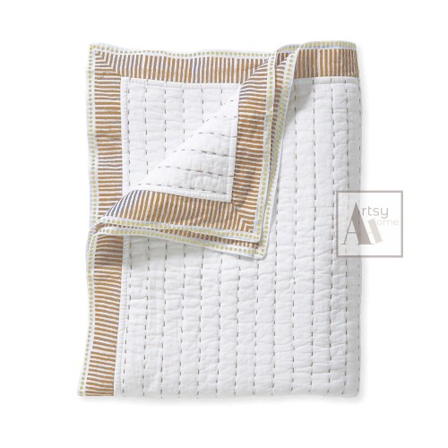Cotton Kantha Quilt, Solid White Blue Print Block Printed Quilt, Handmade Quilt, Blanket Throw, Hand Stitched Quilt AH#01