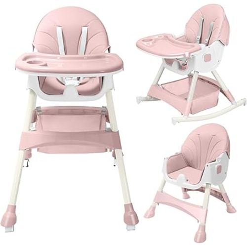 HARPPA Convertible 4-in-1 Baby High Chair for Toddlers with Removable Tray, Wheels & Safety Belt (Pink)