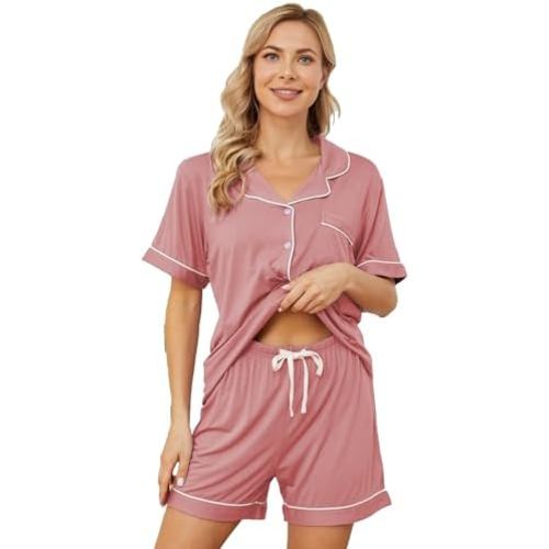 Womens Pajama Sets Short Sleeve Sleepwear Soft Button Down Nightwear Lounge Pj Set XS-XXL
