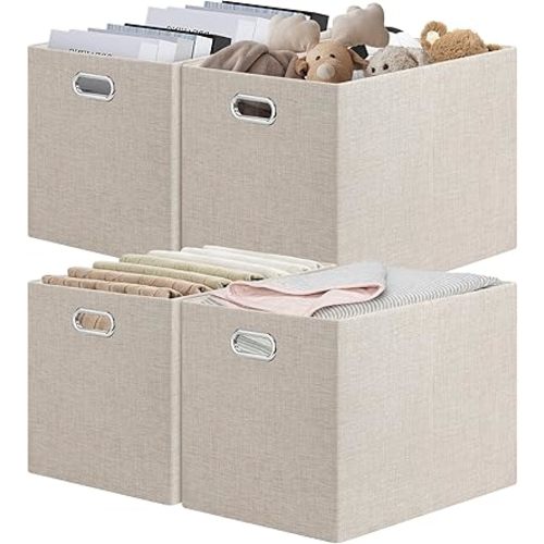 Posprica 15.12"x12.13"x12.01" Storage Cube Bins, Linen Decorative Closet Storage Organizer for IKEA Kallax, 4 Pack Fabric Foldable Large Storage Baskets for Closet, Shelves, Clothes, Toy (Beige)