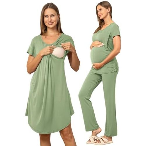 SUNNYBUY Women 3 PCS Maternity Nursing Nightgown Dress & Short Sleeve Breastfeeding Top & Pregnancy Pants Sleepwear Set