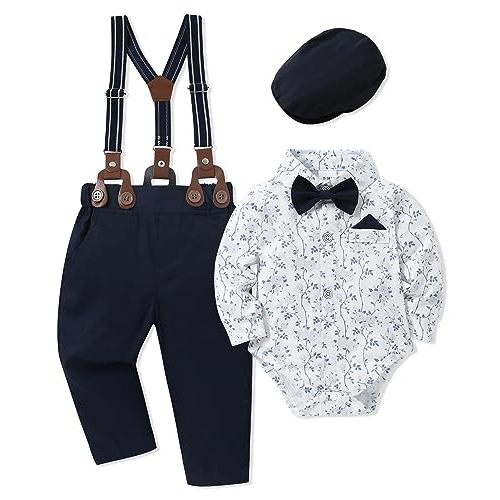 WESIDOM Baby Boy Clothes 0-18M Newborn Infant Gentleman Outfit, Shirt+Bowtie+Beret+Suspender Pant Baby boy Suit Clothing Set