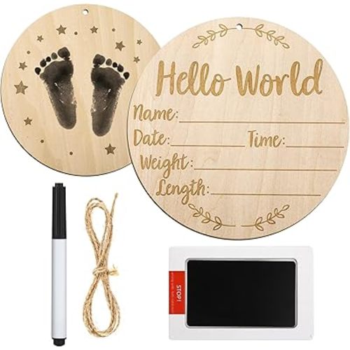 Wooden Baby Announcement Sign, 5.9 Inch Hello World Newborn Birth Sign With Ink Pad Markers for Nursery Name, Birthday, Baby Showers, Photo Props