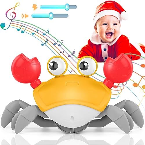 Crawling Crab Baby Toy, Upgraded Tummy Time Gifts for Newborn Babies 3-6 6-12 Month, Light-Up Walking Dancing Moving Crab with Music & Obstacle Avoidance, Rechargeable Sensory Development Toy (Orange)