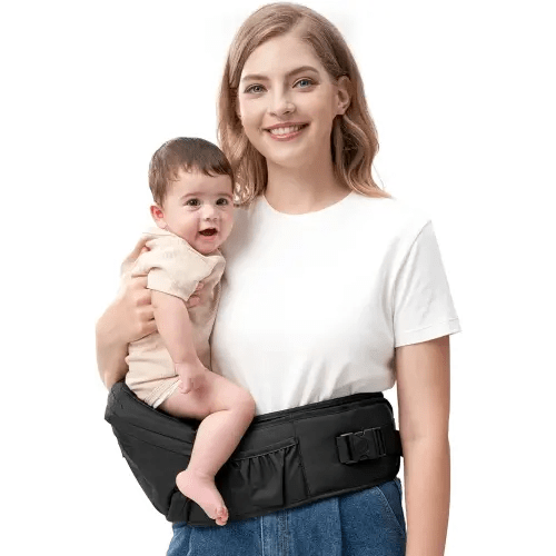 Momcozy CPC-Certified Baby Hip Carrier - Adjustable Waistband with Original 3D Belly Protector & Ergonomic EVA Massage Board, Various Pockets for Newborns to Toddlers up to 45lbs (Black, Medium)