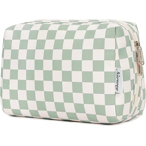 Narwey Small Checkered Makeup Bag for Purse Mini Cosmetic Bag Travel Makeup Pouch Zipper Pouch Cute Make up Bags with Compartments for Women Girls (Mint Green Checkerboard, Small)