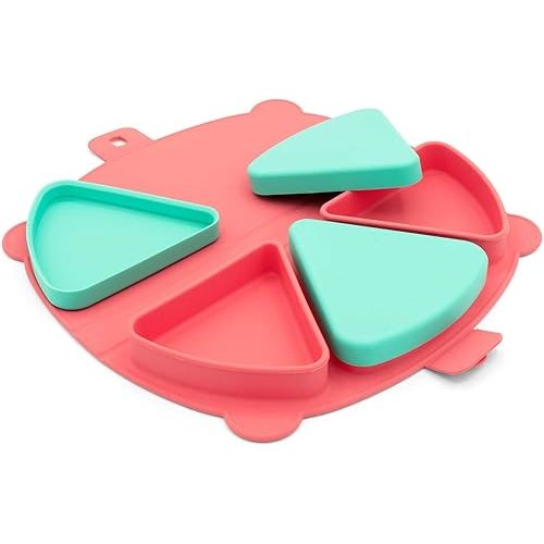 On-The-Go Snack Mat – Baby Silicone Travel Dining Placemat – Portable Silicone Toddler Plate – Reusable Snack Container with 3 Compartments and Lids for 6 Months + (Watermelon)
