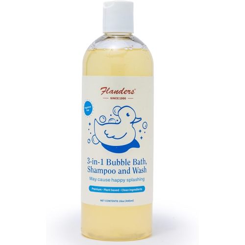 Flanders Bubble Bath - Shampoo & Wash 3-in-1, Pharmacist Developed, Plant Based, Unscented, Clean Ingredients, Calming & Fun for Sensitive Skin, All Ages (15oz)