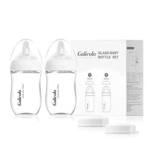Natural Glass Baby Bottle for Breastfeeding Babies, Newborn Anti-Colic Bottle Set with Slow Flow Nipple, 0-3 Months, 5 oz, 2 Pack - White