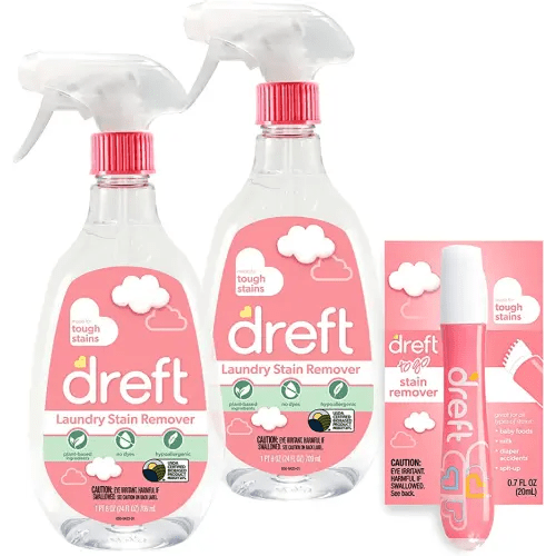 Dreft Stain Remover for Baby Clothes, Fragrance Free and Hypoallergenic Baby Stain Remover Spray Plus Travel Size Stain Treater Pen, 24 Fl Oz ( Pack of 2 + Stain Pen)