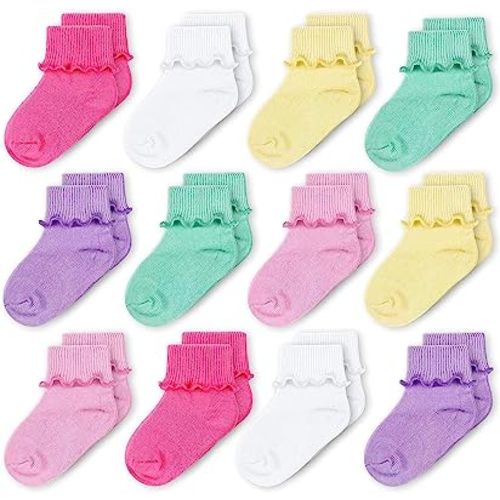 CozyWay Baby Girls Socks Ruffle Ripple Edge Turn Cuff Socks for Baby Toddler Girls | 12-Pairs