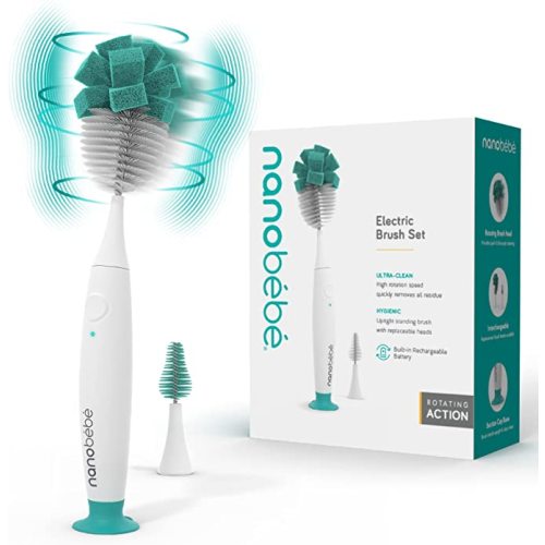 Nanobebe E-Brush Baby Bottle Cleaner - Electric Bottle Cleaning Brush, Baby Accessories, and Sippy Cups - Rechargeable, Includes Replaceable Brush Head - Teal - Electric Brush