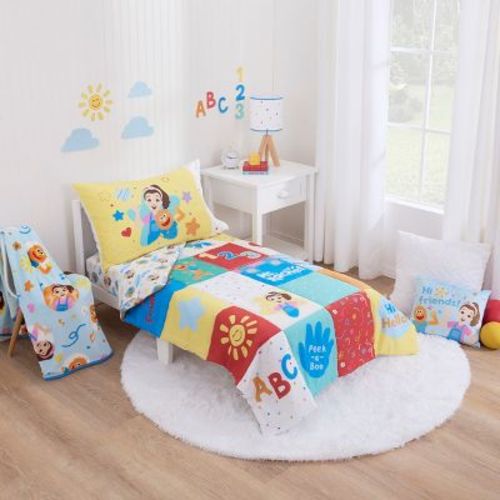 Ms. Rachel Happy Patchwork 4 Piece Toddler Bed Set - Comforter, Fitted Bottom Sheet, Flat Top Sheet, Reversible Pillowcase, Multi-Colored