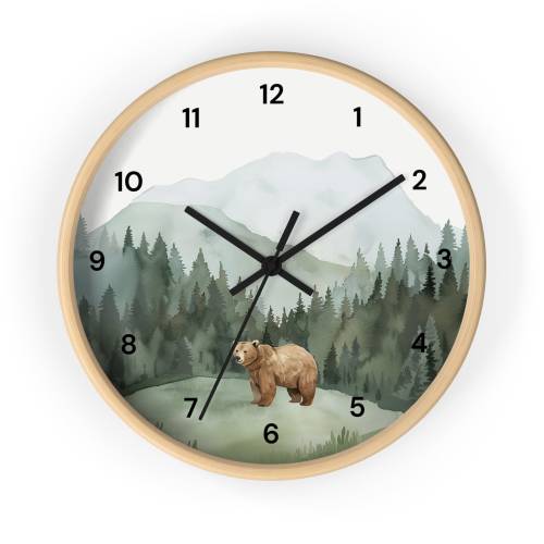 Watercolor Bear and Mountain Wall Clock, Adventure Theme Nursery, Woodland Animal Clock, Woodland Nursery Decor, Mountain Nursery Decor