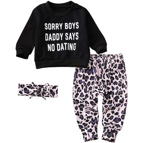 Newborn Baby Girls Clothes Daddy Saying Top Printed T-Shirt Leopard Pants+Headband Sweatshirt Outfit Set