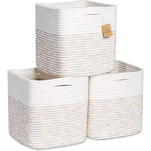 NaturalCozy Storage Cubes 11 Inch Cotton Rope Woven Baskets for Organizing, 3-Pack | Cube Storage Bin | Square Storage Baskets for Shelves Organizer, Classroom, Kids Toy Bins, Closet, Baby Nursery