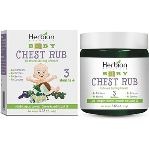 HERBION Naturals Baby Chest Rub, Ages 3 Months+, All-Natural Soothing Ointment with Coconut Oil, Eucalyptus, Lavender, Chamomile, Shea Butter, Petroleum & Menthol-Free, Non-GMO, 3.53 Oz, Pack of 1