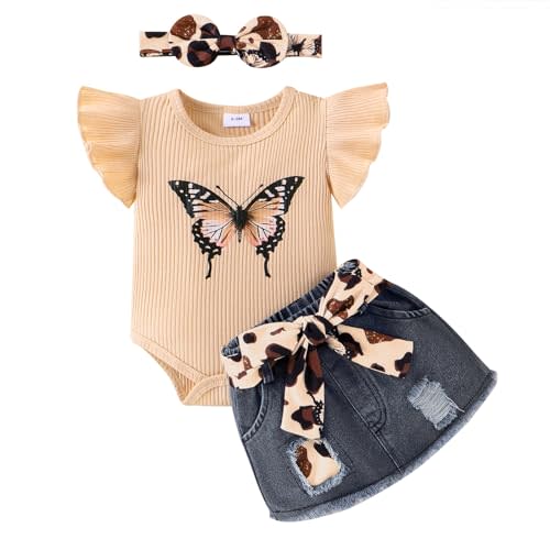 TOKIAGO Baby Girl Summer Clothes Cute Butterfly Printed Romper + Denim Skirt + Headband 3 pcs Shorts set 0-18 Months