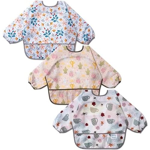 3 Pcs Long Sleeved Bib Set | Baby Waterproof Bibs with Pocket Bundle Toddler Bib with Sleeves and Crumb Catcher 6-24 Months
