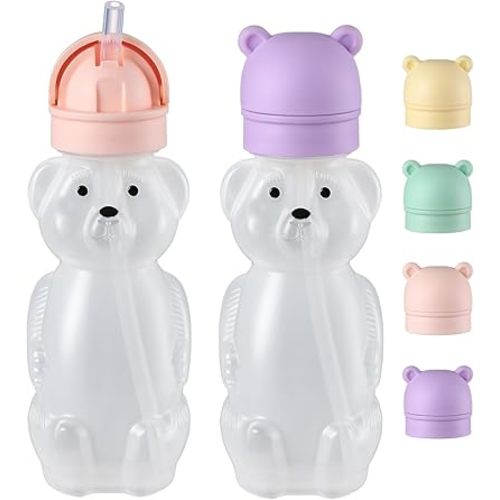 Upgraded 2 Pack Honey Bear Straw Cups for Baby, Toddler - Flip Top, Spill-Proof & Anti-pullout & Pop-up Straw Design - 8 OZ Squeezable Transition Sippy Cup for Speech & Feeding Training, Purple&Pink