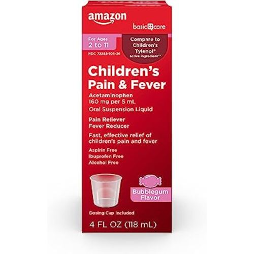 Amazon Basic Care Children's Pain Reliever Oral Suspension Liquid, Bubblegum Flavor, Acetaminophen 160 mg per 5 ml, Effective, Fever Reducer for Age 2-11 Years, Red, 4 fl oz (Pack of 1)